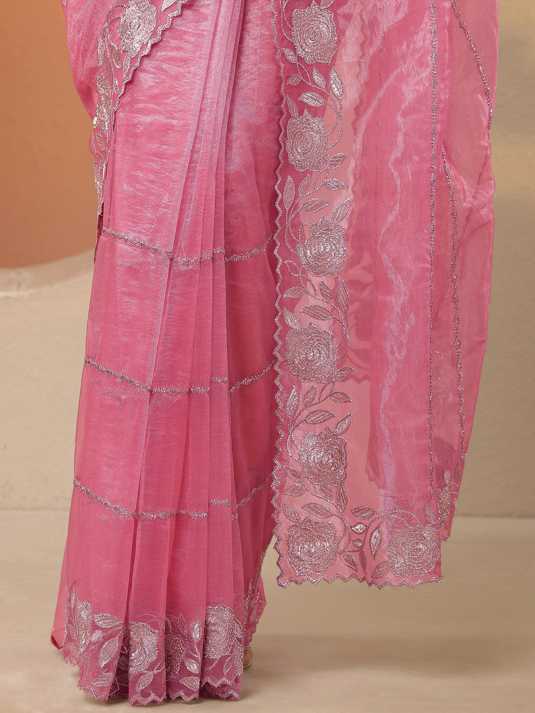 Pink Embroidered Nylon Saree With Unstitched Blouse Piece