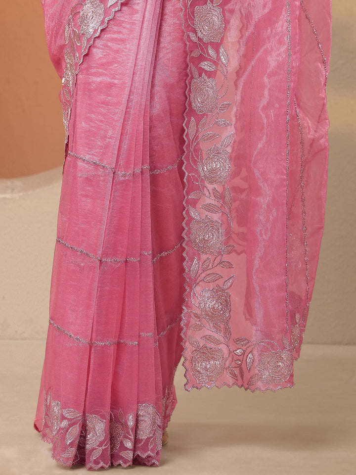 Pink Embroidered Nylon Saree With Unstitched Blouse Piece