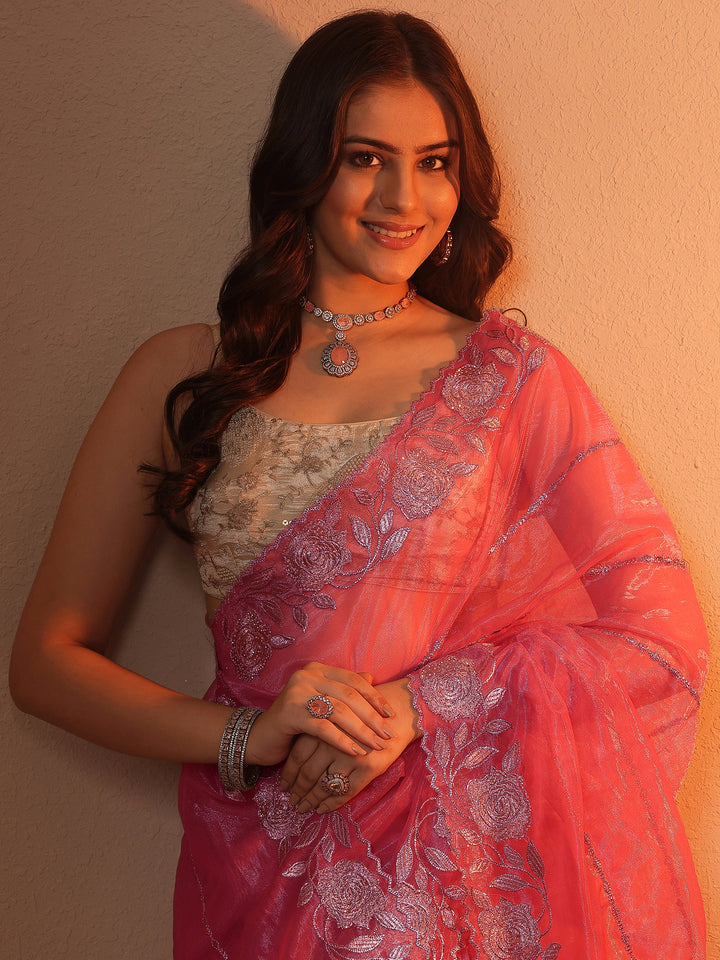 Pink Embroidered Nylon Saree With Unstitched Blouse Piece