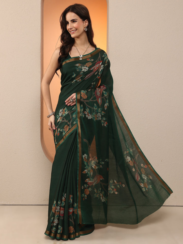 Green Printed Silk Blend Saree With Unstitched Blouse Piece