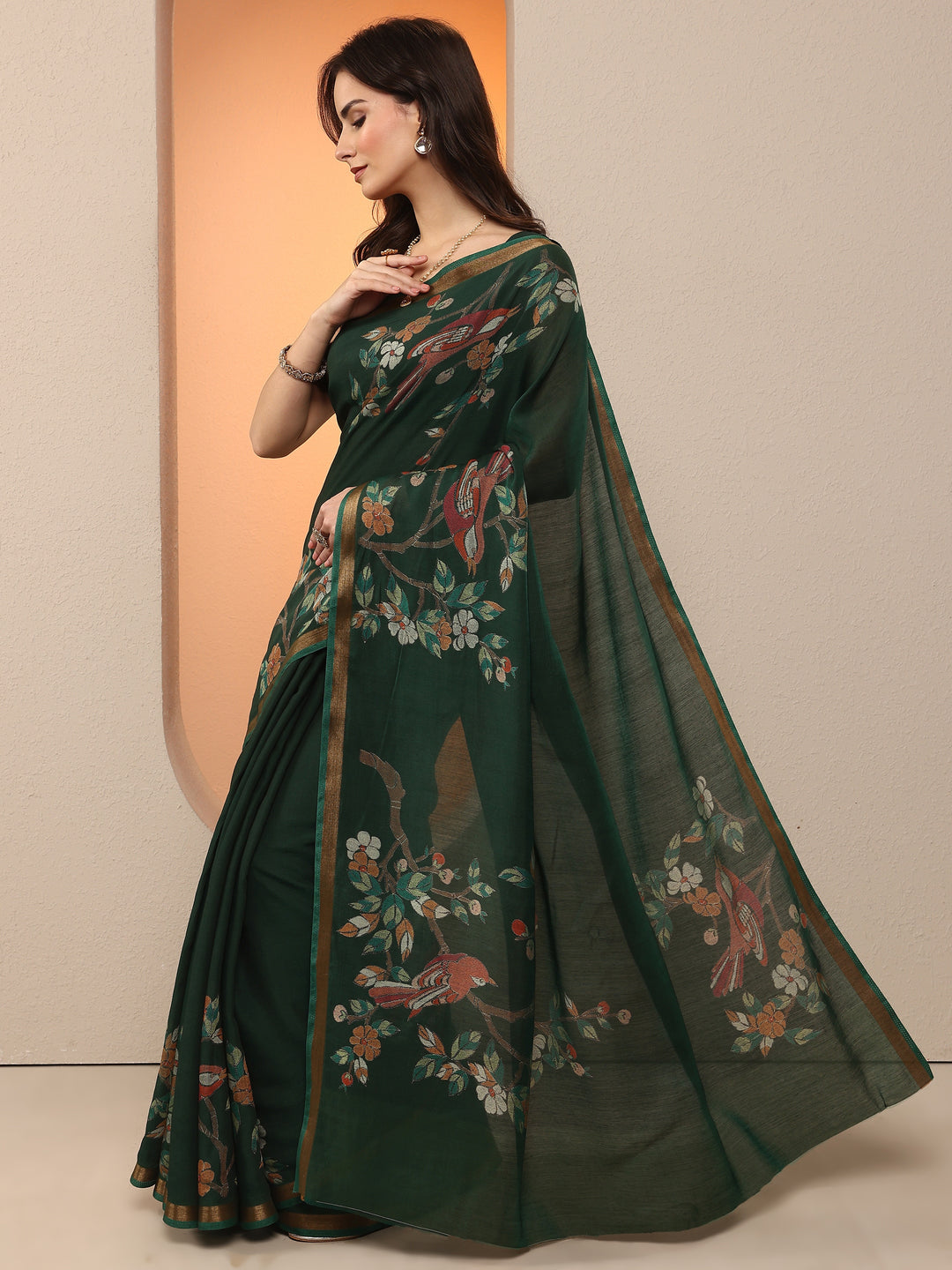 Green Printed Silk Blend Saree With Unstitched Blouse Piece