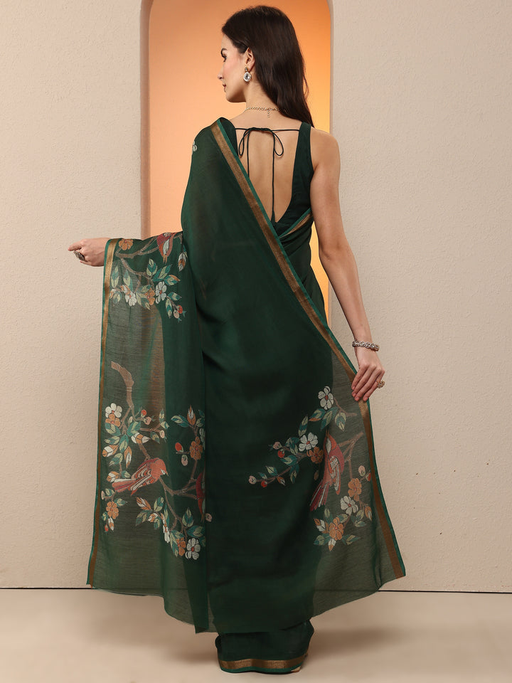 Green Printed Silk Blend Saree With Unstitched Blouse Piece