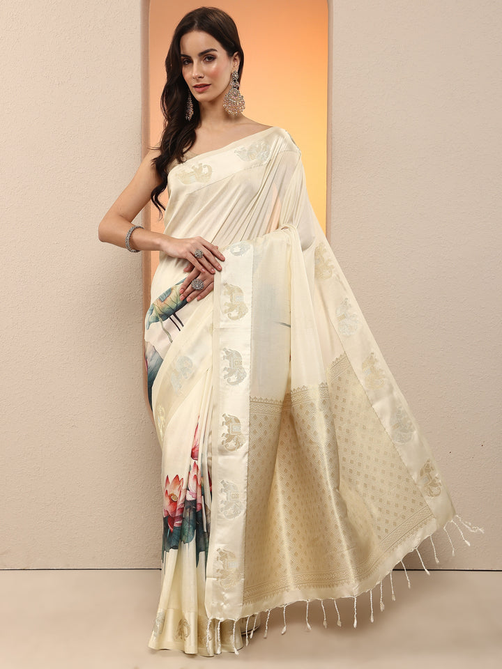 Cream Printed Silk Blend Saree With Unstitched Blouse Piece