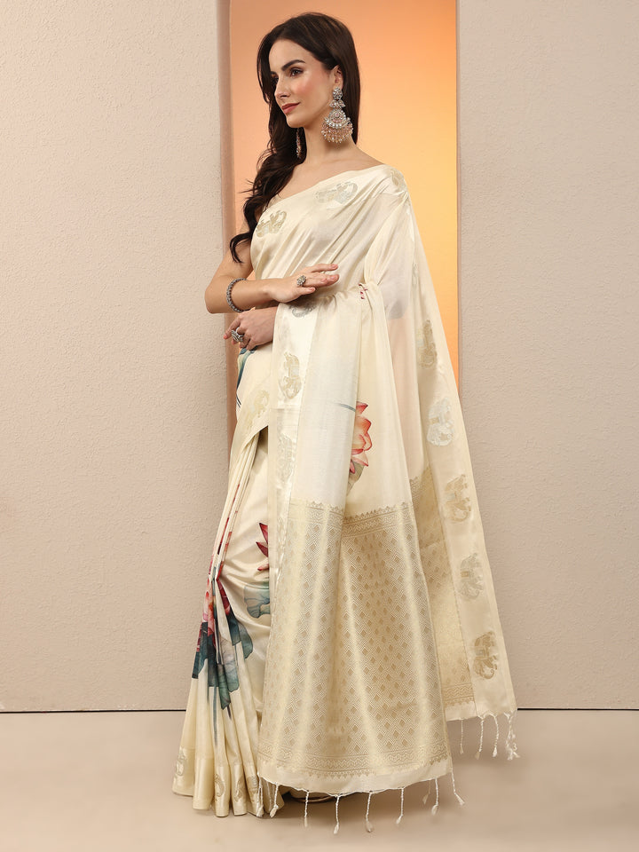 Cream Printed Silk Blend Saree With Unstitched Blouse Piece