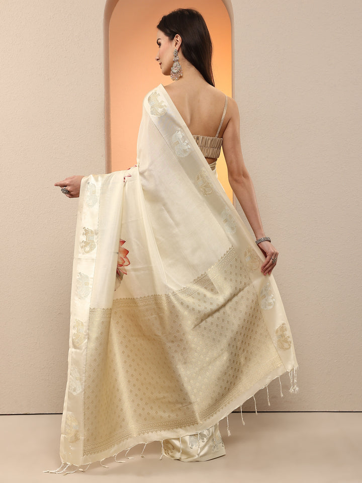 Cream Printed Silk Blend Saree With Unstitched Blouse Piece