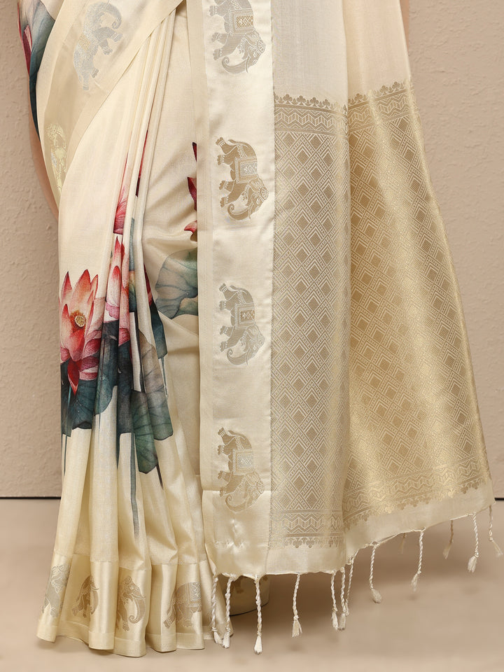 Cream Printed Silk Blend Saree With Unstitched Blouse Piece