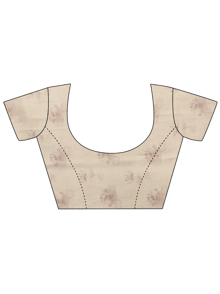 Cream Printed Silk Blend Saree With Unstitched Blouse Piece