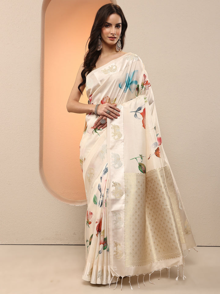 Cream Printed Silk Blend Saree With Unstitched Blouse Piece