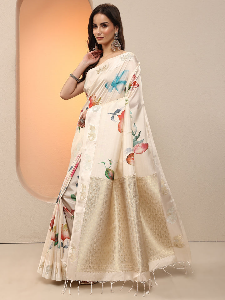 Cream Printed Silk Blend Saree With Unstitched Blouse Piece