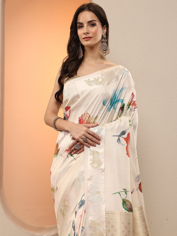 Cream Printed Silk Blend Saree With Unstitched Blouse Piece