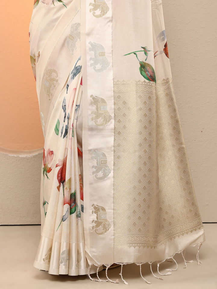 Cream Printed Silk Blend Saree With Unstitched Blouse Piece