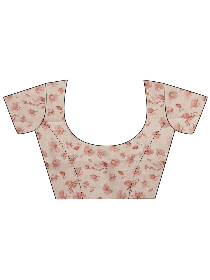 Cream Printed Silk Blend Saree With Unstitched Blouse Piece