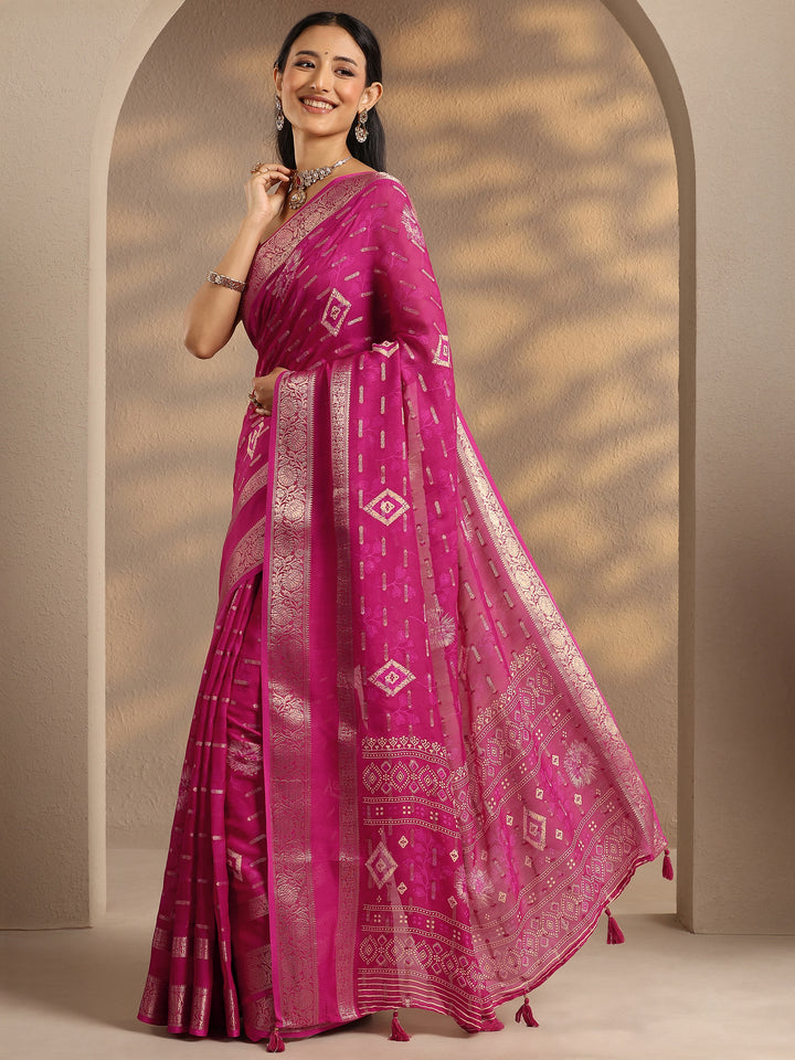 Pink Woven Design Silk Blend Saree With Unstitched Blouse Piece