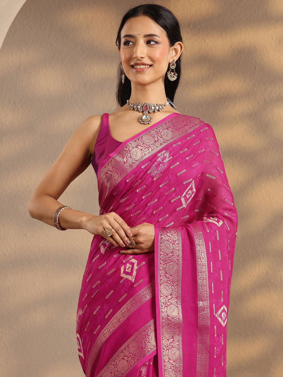Pink Woven Design Silk Blend Saree With Unstitched Blouse Piece