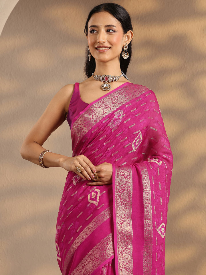 Pink Woven Design Silk Blend Saree With Unstitched Blouse Piece