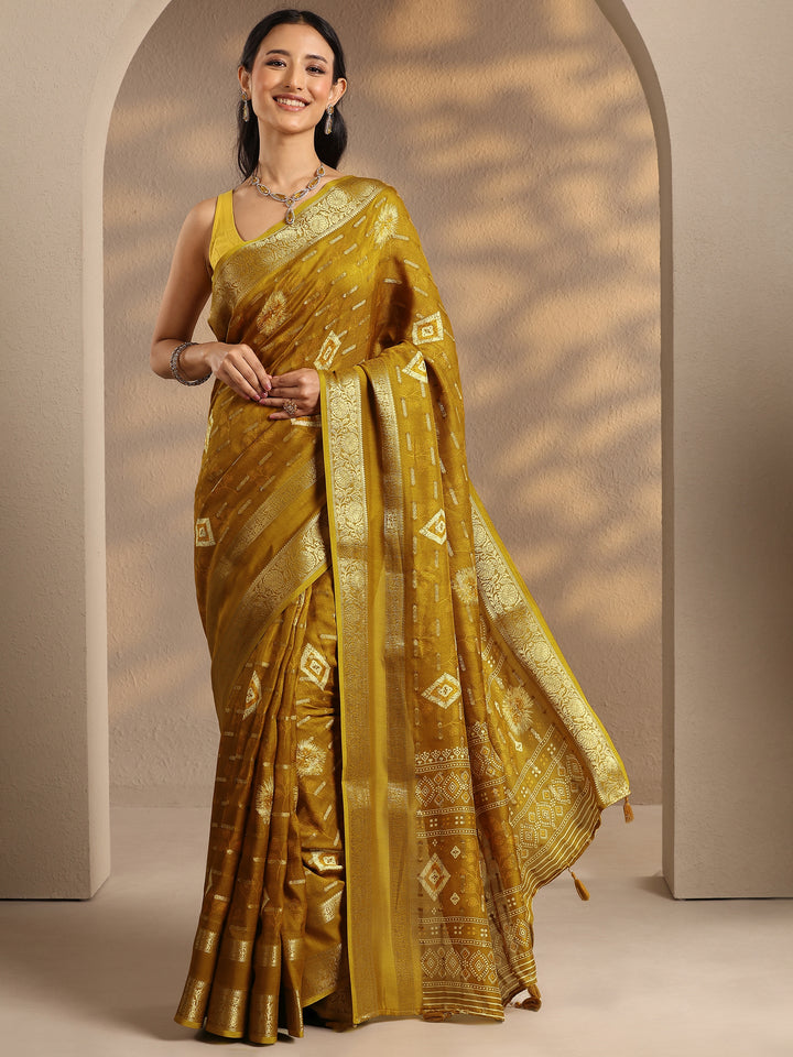 Mustard Woven Design Silk Blend Saree With Unstitched Blouse Piece