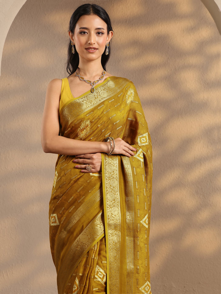 Mustard Woven Design Silk Blend Saree With Unstitched Blouse Piece