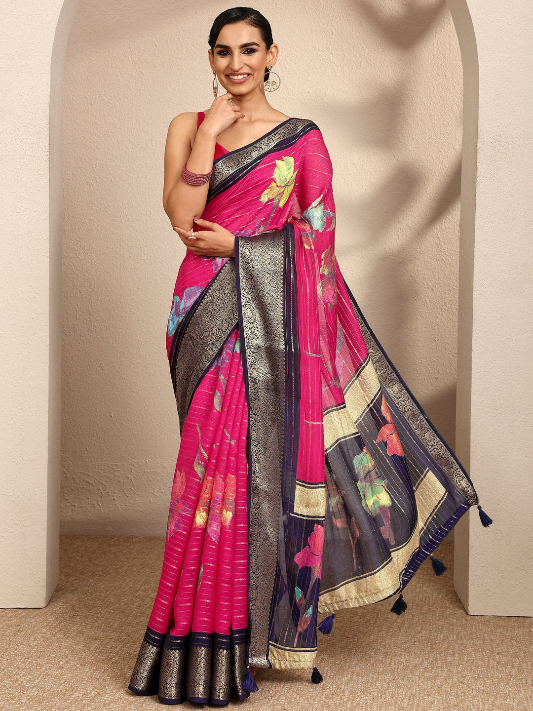 Pink Woven Design Silk Blend Saree With Unstitched Blouse Piece