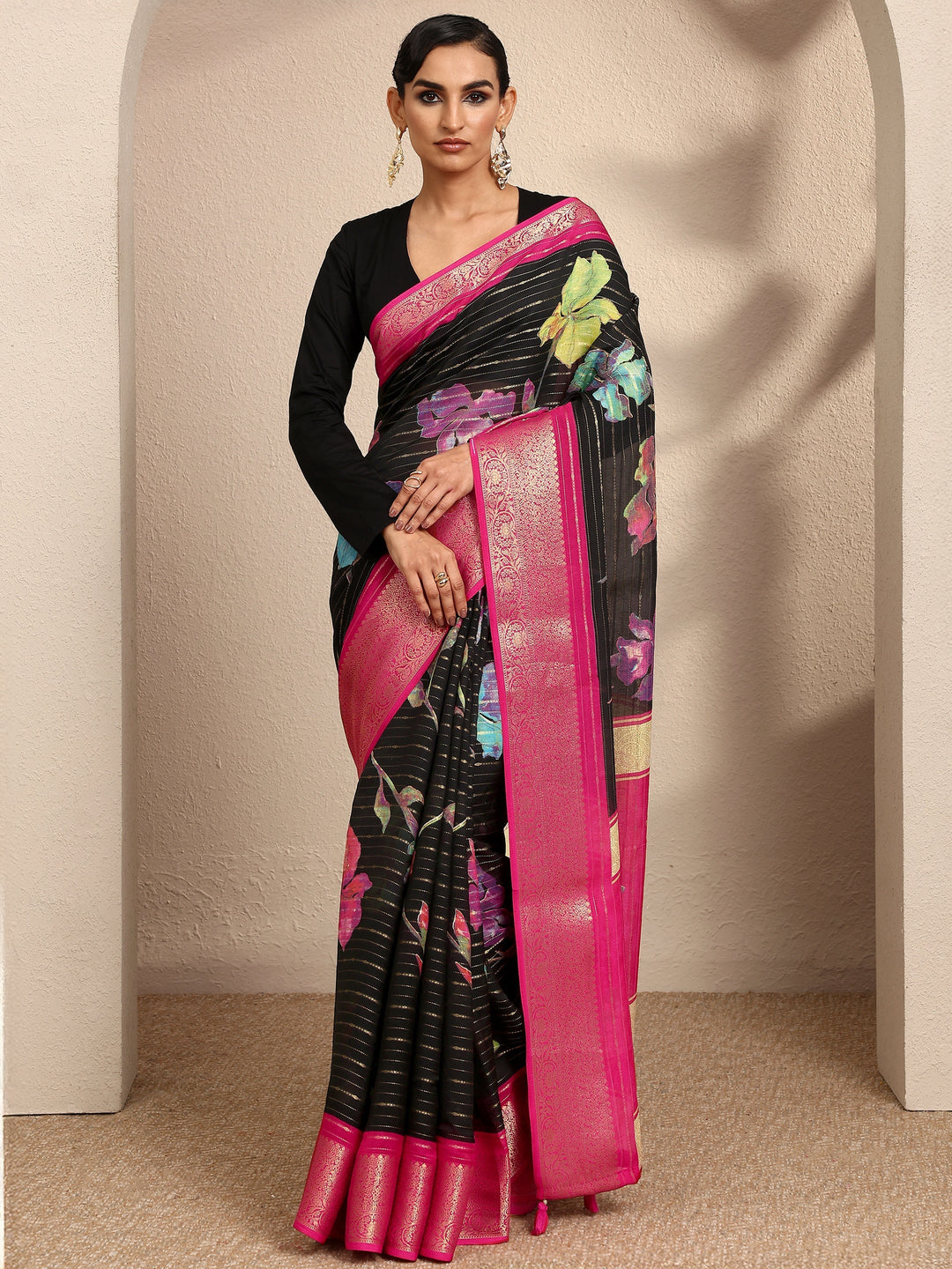 Black Woven Design Silk Blend Saree With Unstitched Blouse Piece