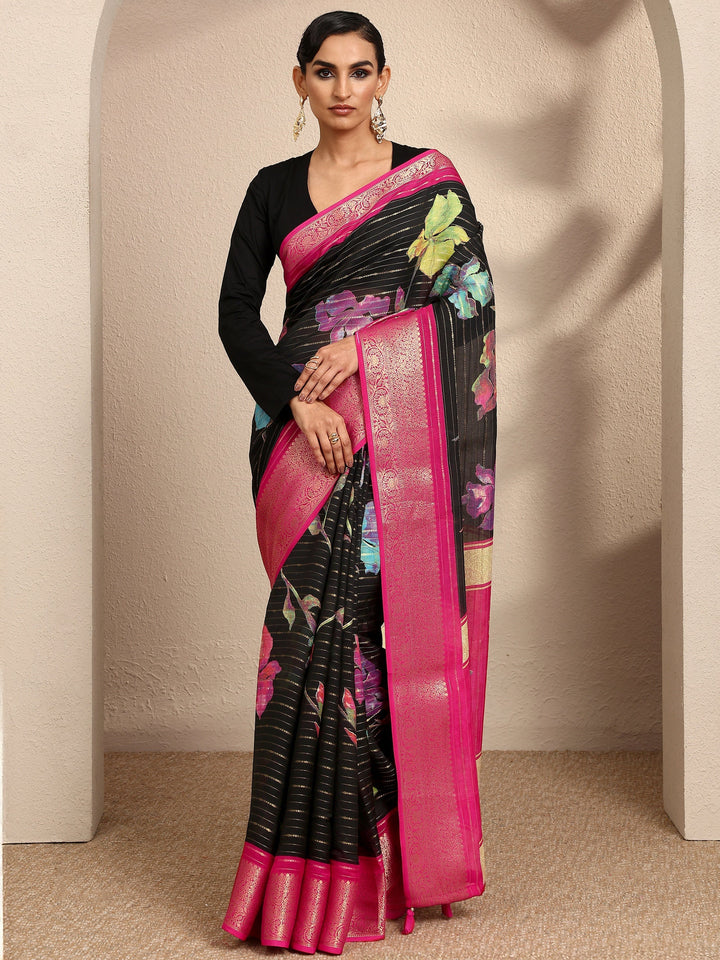 Black Woven Design Silk Blend Saree With Unstitched Blouse Piece