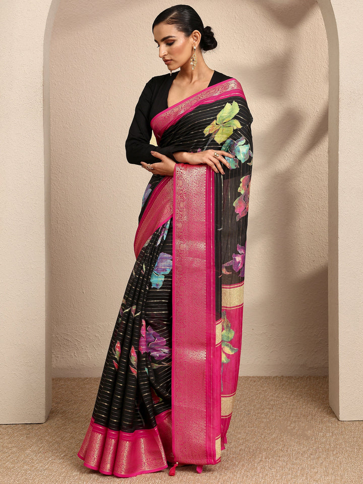 Black Woven Design Silk Blend Saree With Unstitched Blouse Piece