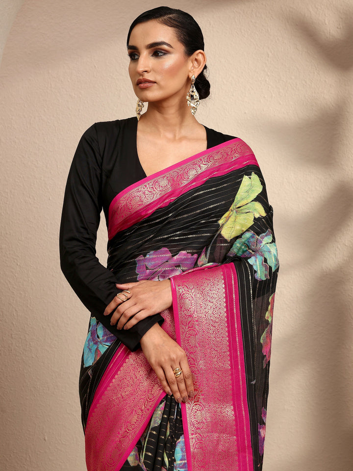 Black Woven Design Silk Blend Saree With Unstitched Blouse Piece