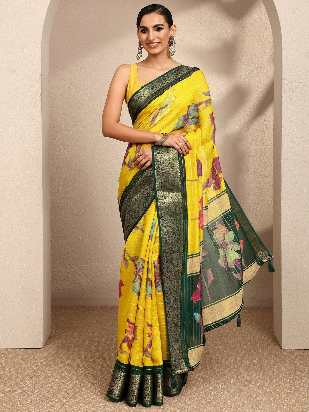 Mustard Woven Design Silk Blend Saree With Unstitched Blouse Piece