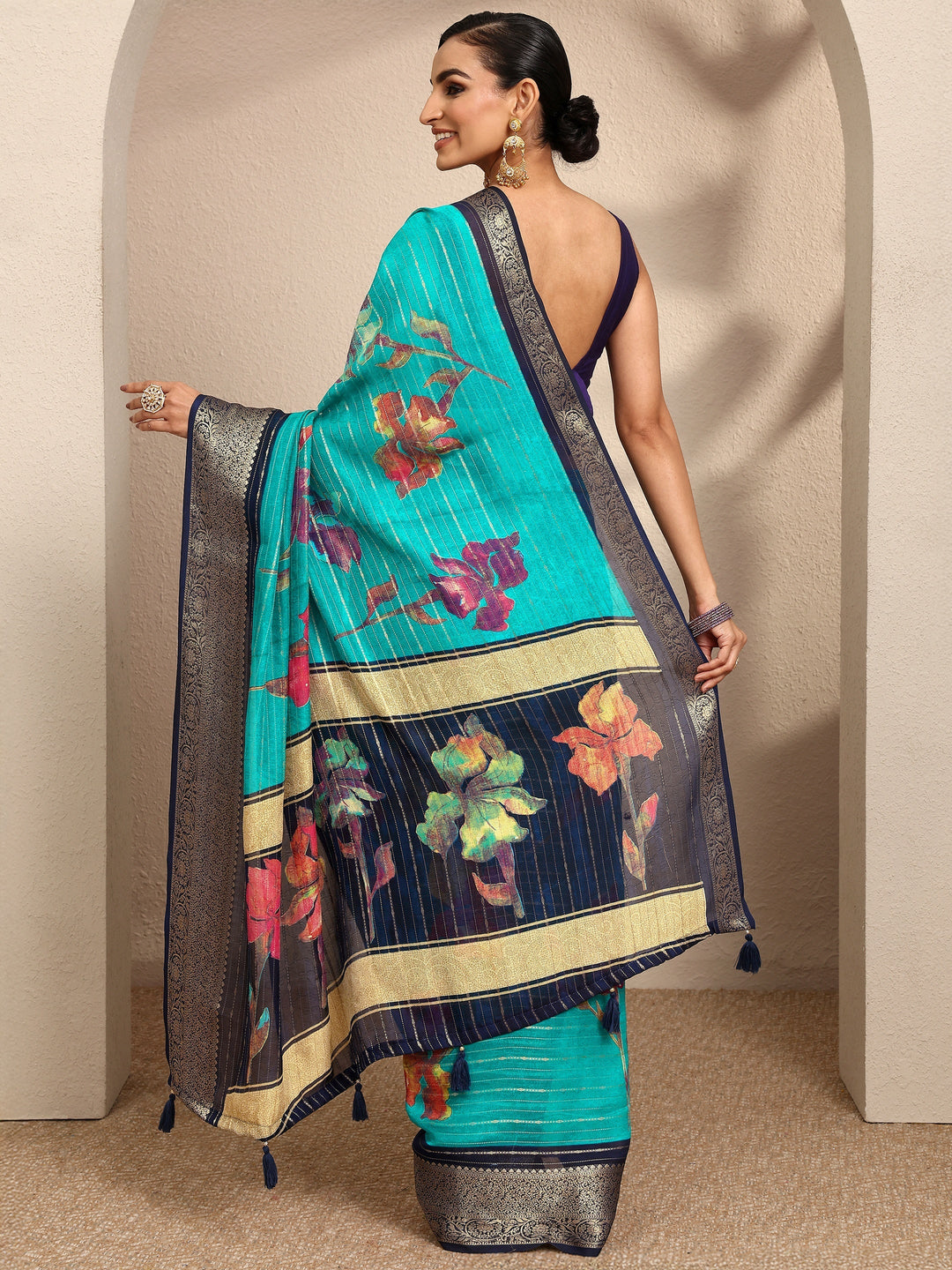 Blue Woven Design Silk Blend Saree With Unstitched Blouse Piece