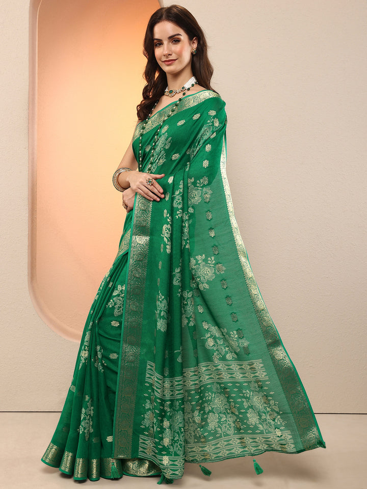 Green Woven Design Silk Blend Saree With Unstitched Blouse Piece
