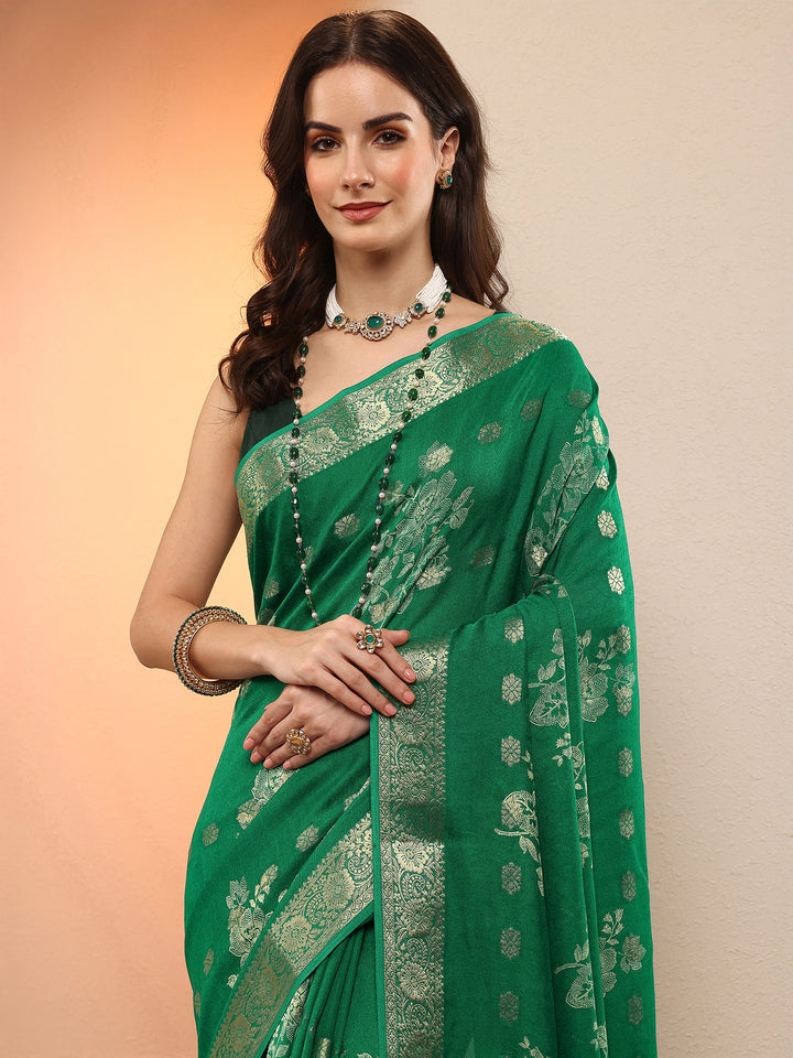 Green Woven Design Silk Blend Saree With Unstitched Blouse Piece