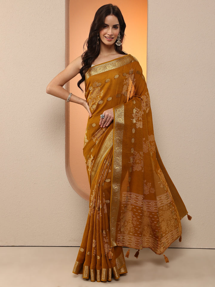Mustard Woven Design Silk Blend Saree With Unstitched Blouse Piece