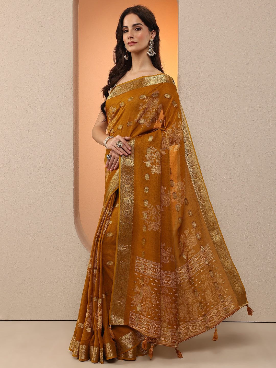 Mustard Woven Design Silk Blend Saree With Unstitched Blouse Piece