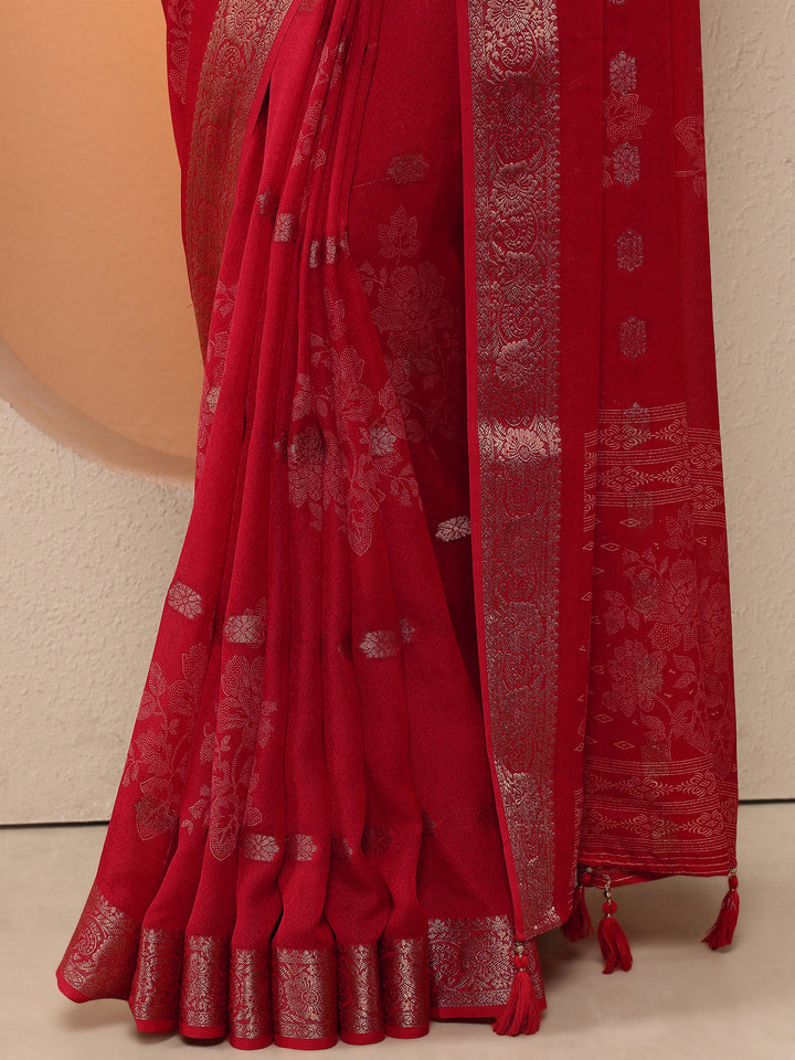 Red Woven Design Silk Blend Saree With Unstitched Blouse Piece