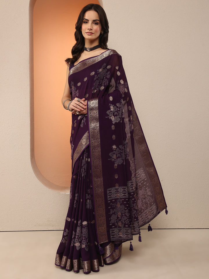 Purple Woven Design Silk Blend Saree With Unstitched Blouse Piece