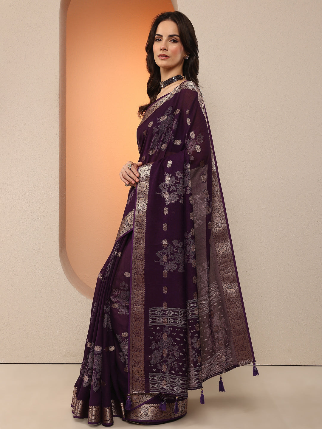 Purple Woven Design Silk Blend Saree With Unstitched Blouse Piece