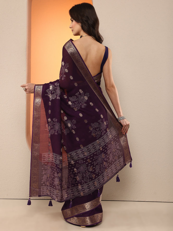 Purple Woven Design Silk Blend Saree With Unstitched Blouse Piece
