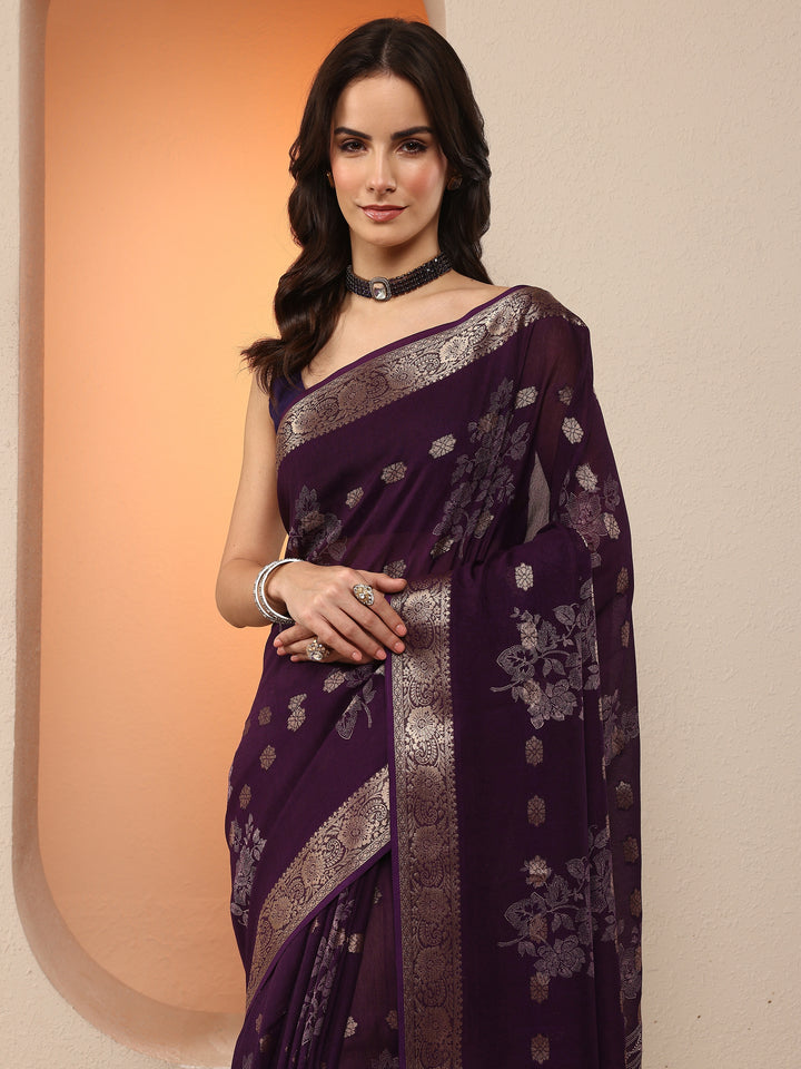 Purple Woven Design Silk Blend Saree With Unstitched Blouse Piece