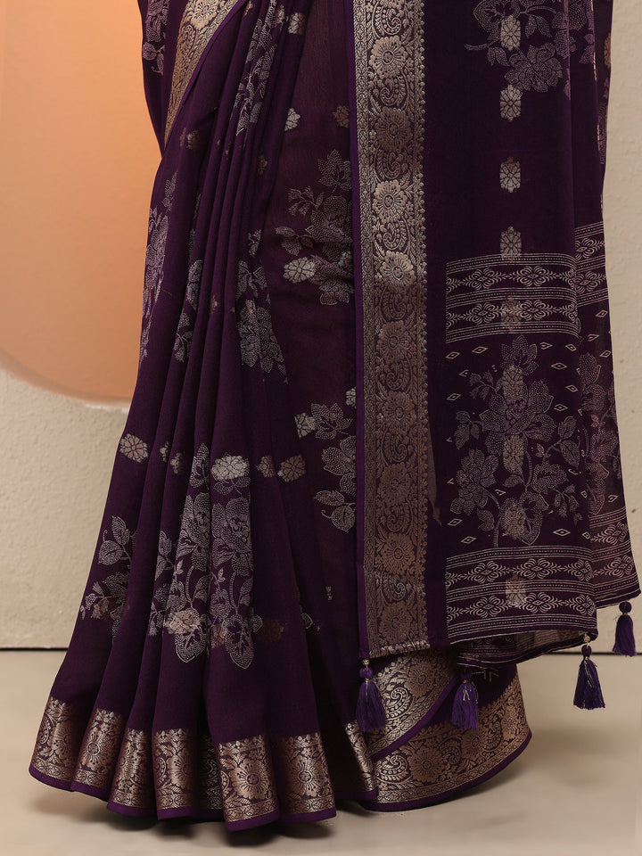 Purple Woven Design Silk Blend Saree With Unstitched Blouse Piece