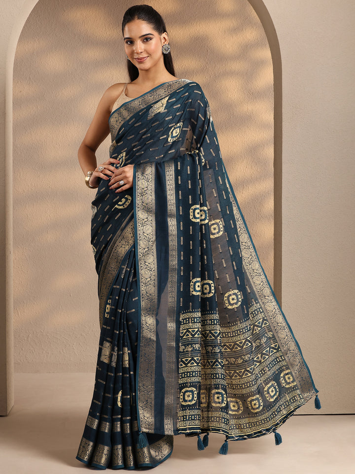 Teal Woven Design Silk Blend Saree With Unstitched Blouse Piece