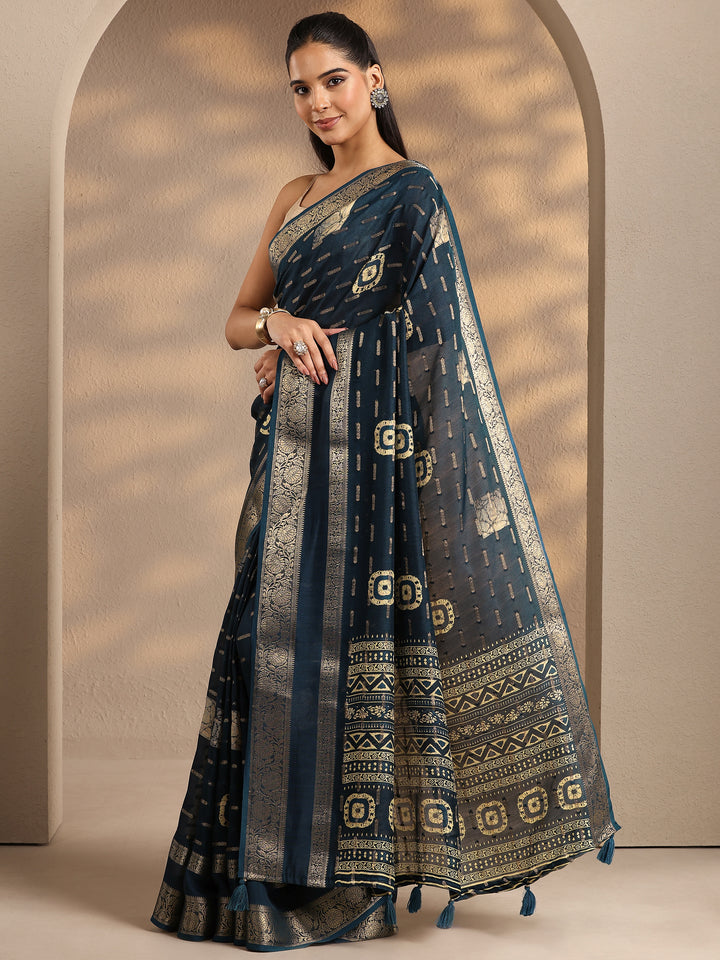 Teal Woven Design Silk Blend Saree With Unstitched Blouse Piece
