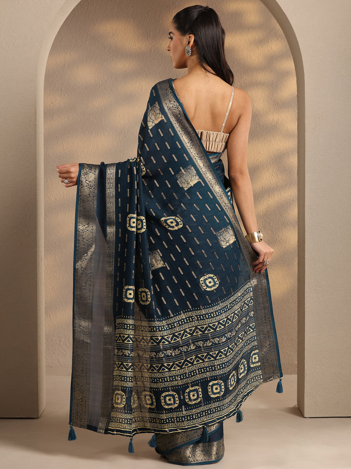 Teal Woven Design Silk Blend Saree With Unstitched Blouse Piece