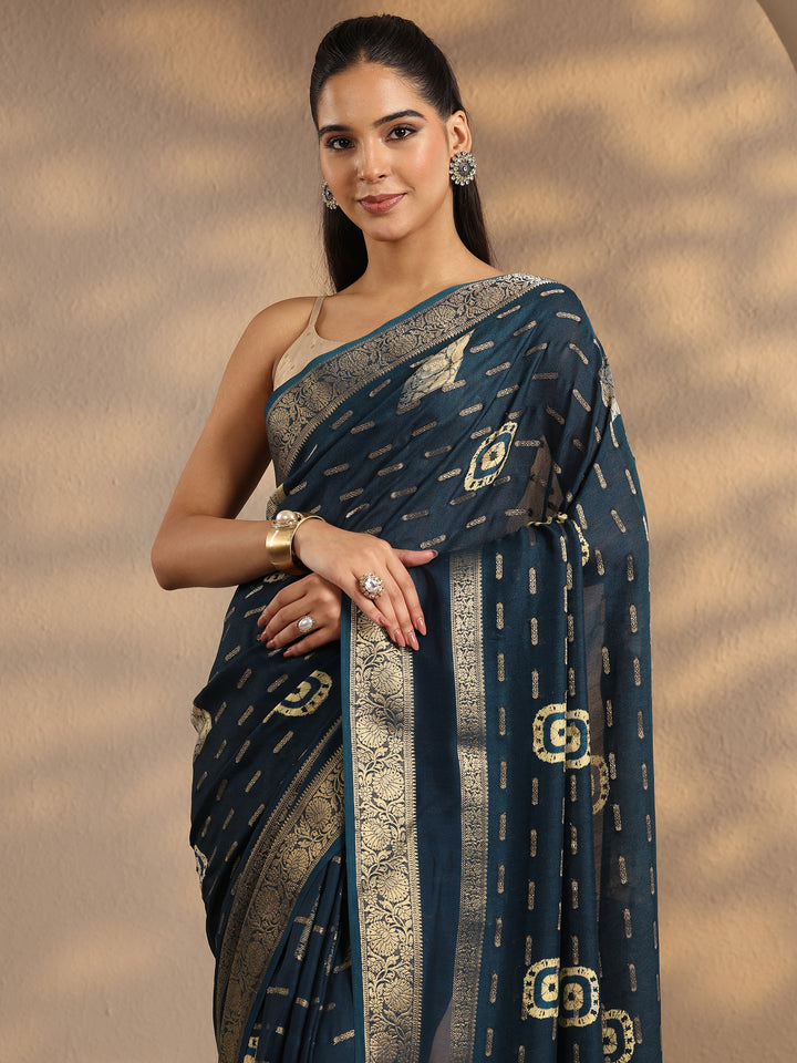 Teal Woven Design Silk Blend Saree With Unstitched Blouse Piece