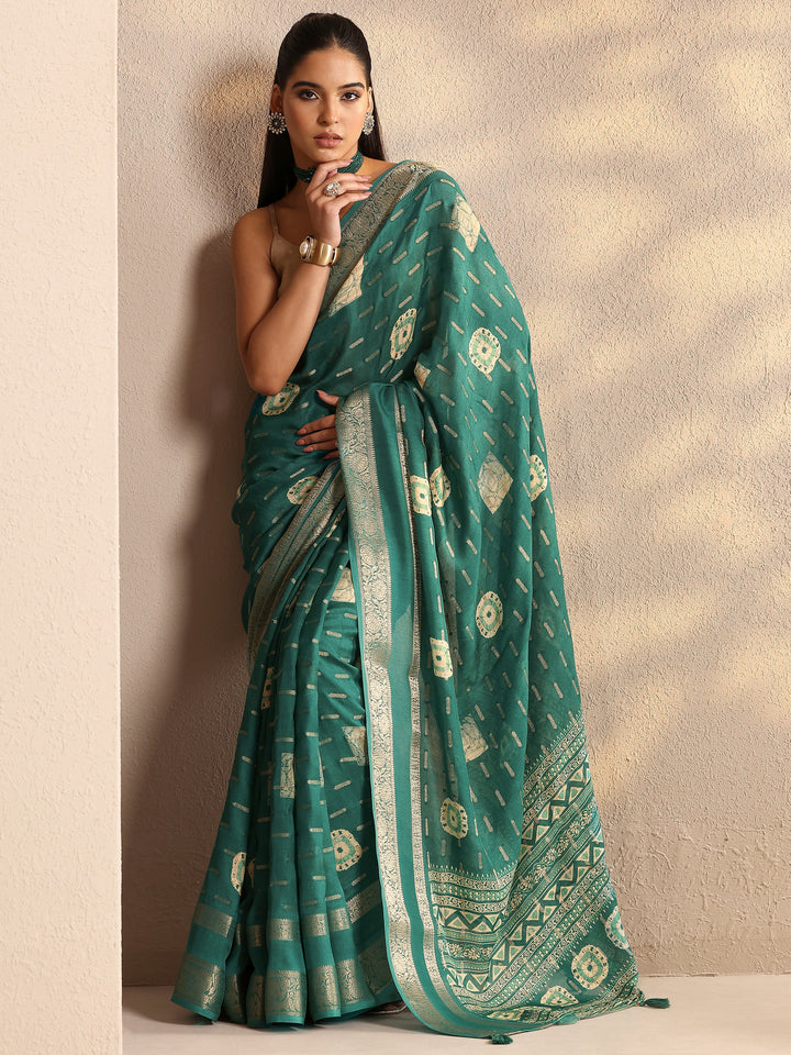 Green Woven Design Silk Blend Saree With Unstitched Blouse Piece