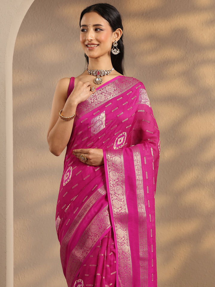 Pink Woven Design Silk Blend Saree With Unstitched Blouse Piece