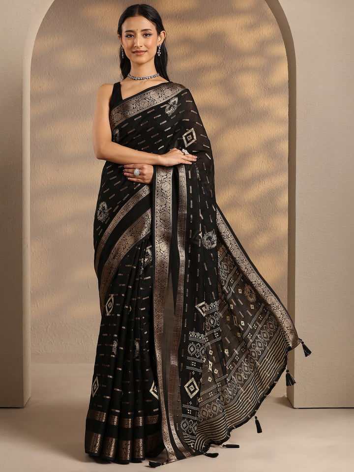Black Woven Design Silk Blend Saree With Unstitched Blouse Piece