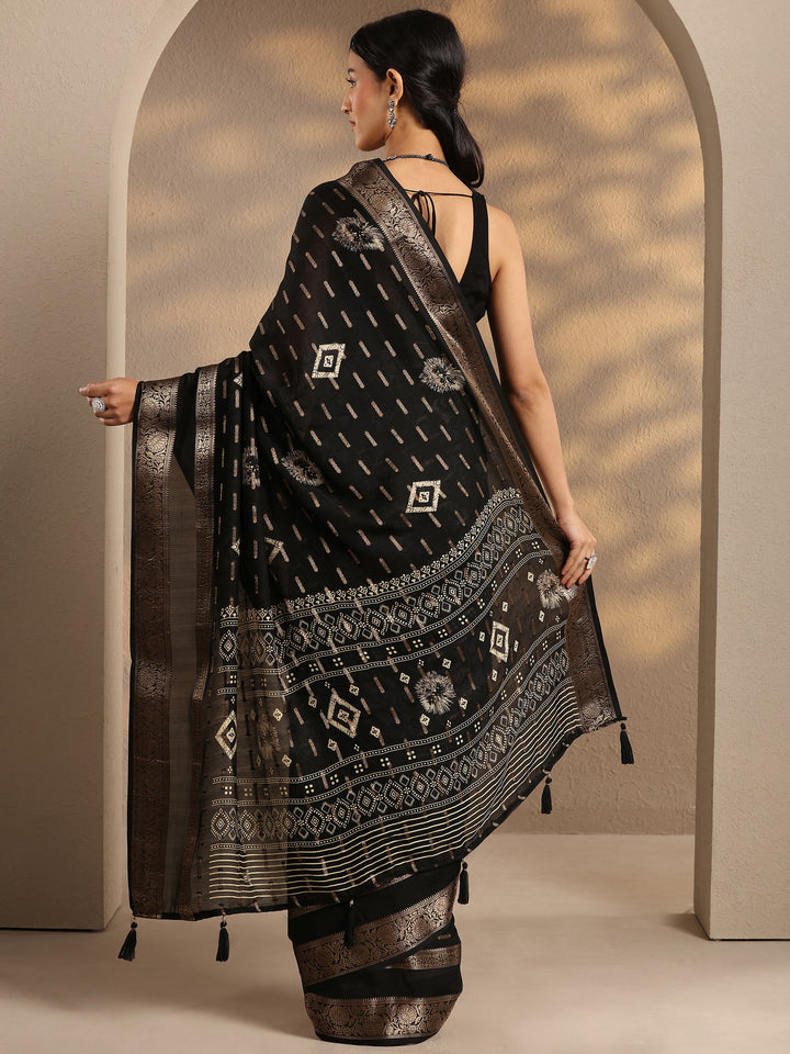 Black Woven Design Silk Blend Saree With Unstitched Blouse Piece
