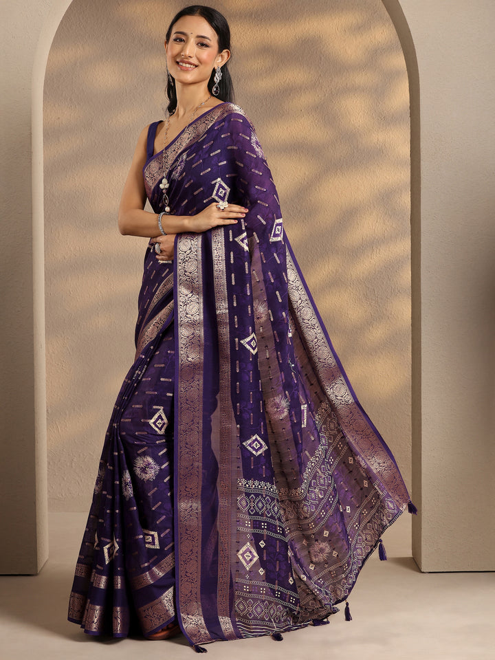 Purple Woven Design Silk Blend Saree With Unstitched Blouse Piece