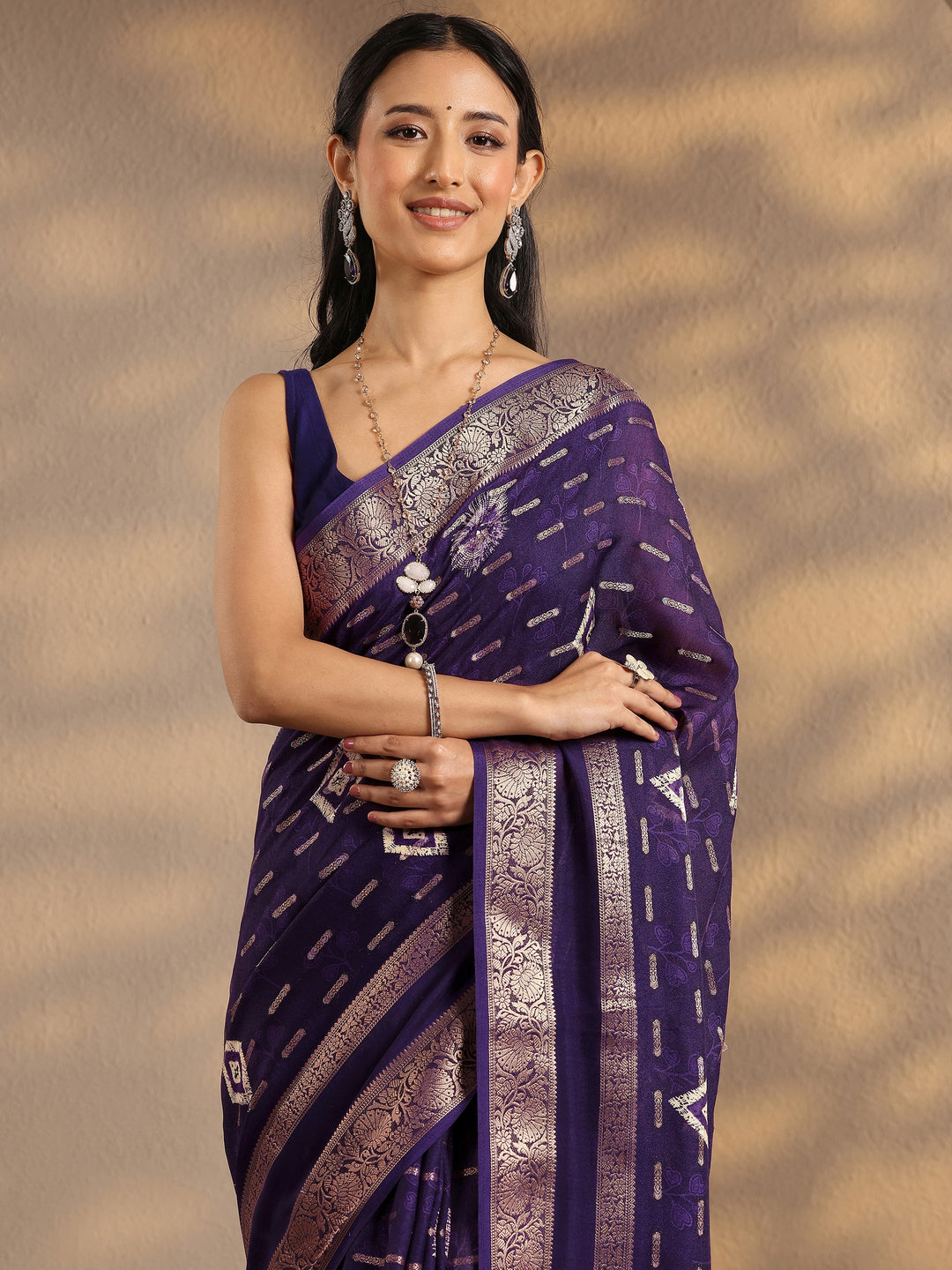 Purple Woven Design Silk Blend Saree With Unstitched Blouse Piece