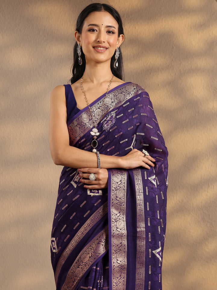 Purple Woven Design Silk Blend Saree With Unstitched Blouse Piece