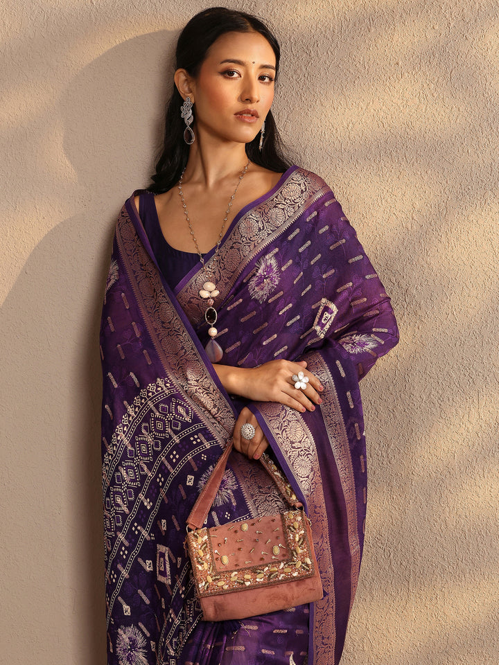 Purple Woven Design Silk Blend Saree With Unstitched Blouse Piece
